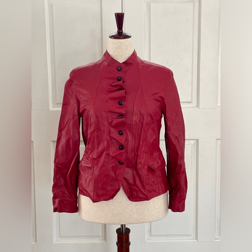 Escada Red Leather Blazer with Ruffle Detail
